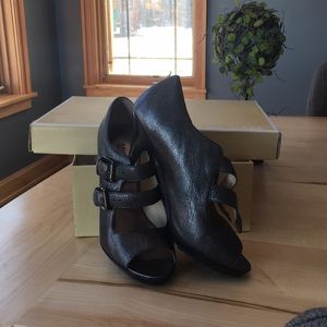 Michael Kors Webster metallic peep toe heel.